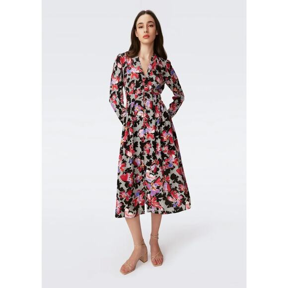 Diane Von Furstenberg Erica Midi Dress Women's 10 Floral Button Front Pockets - Picture 1 of 13